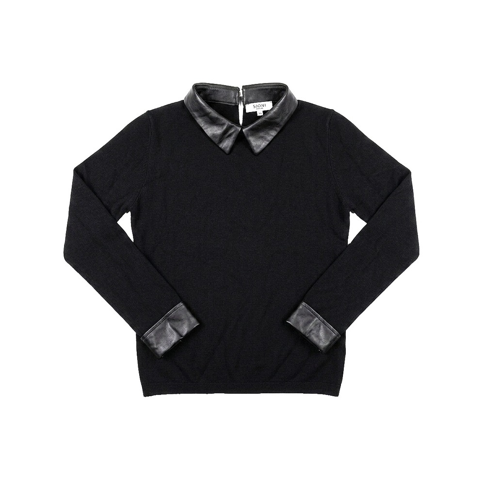 Sioni Milano Womens XS Black Sweater Faux Leather Collar and Cuffs Long Sleeve